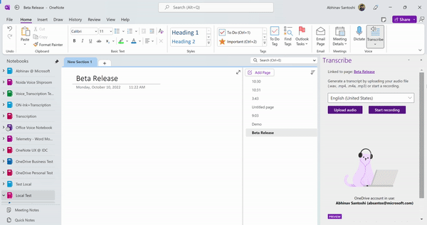 OneNote window where a user is inking while transcription starts in the side panel.