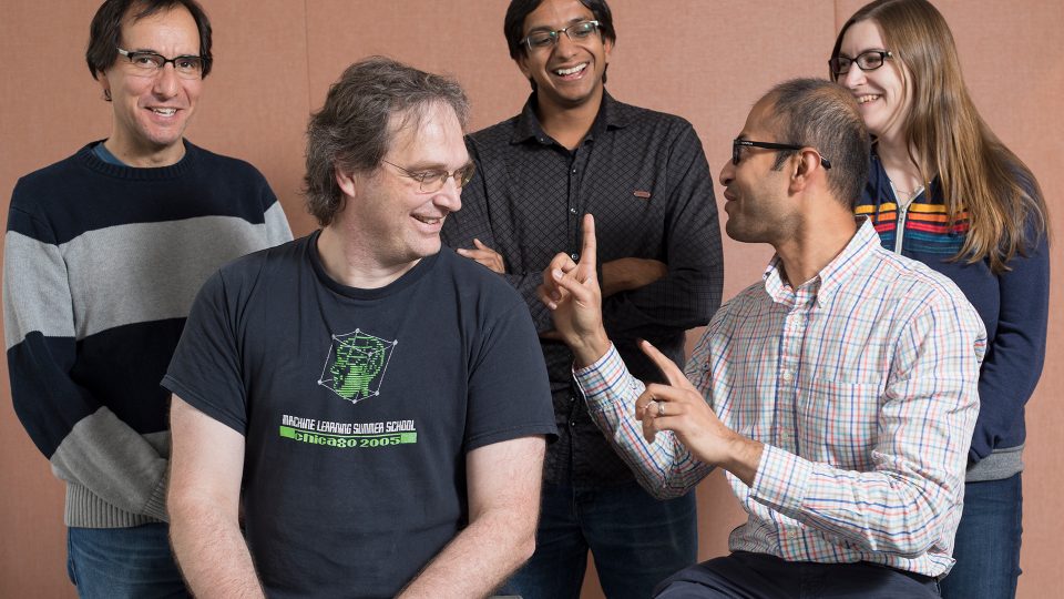 From left, Microsoft researchers Robert Schapire, John Langford, Alekh Agarwal, Siddhartha Sen and Jennifer Wortman Vaughan. Photo by John Brecher.