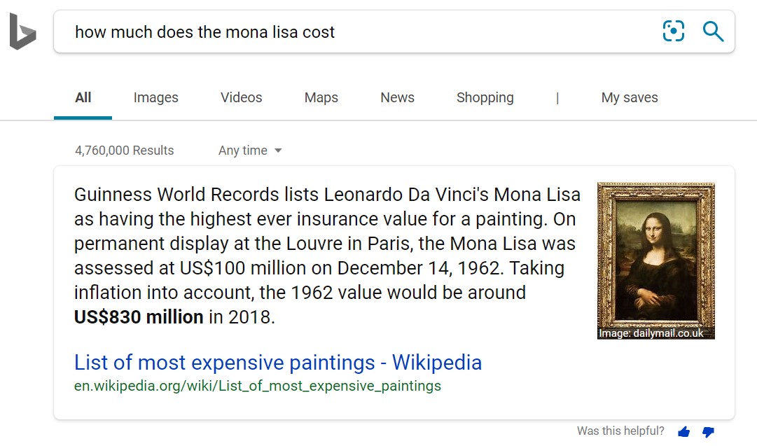 Screenshot of a Bing search results page showing an enhanced answer of how much the Mona Lisa costs, with a snippet from Wikipedia