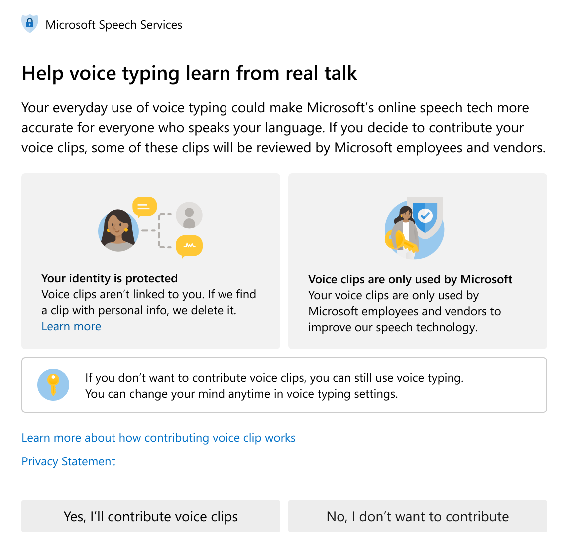 A graphic illustrates how the new settings for voice data will appear to users. Text boxes explain why Microsoft asks users to contribute voice clips, how user identity is protected and the people who use the contributed data.