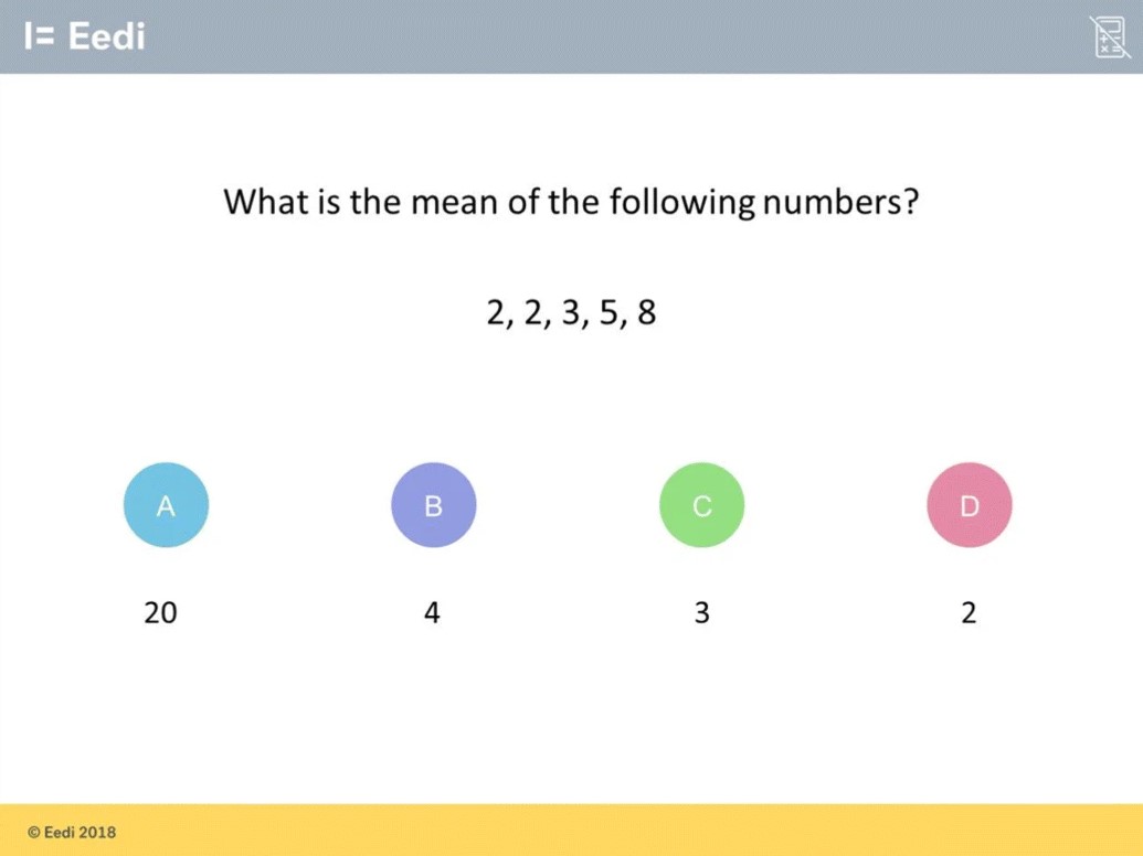 Captura de pantalla de un cuestionario de matemáticas en línea que solicita la media de cinco números con cuatro opciones de respuesta