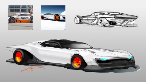 Image shows four images of cars generated by DALL E 2 in Azure OpenAI Service that helped inspire Mattel toy designers. The images were created by typing prompts such as, “A DTM race car like a hot rod” or “A Bonneville salt flats racer like a DTM car.”