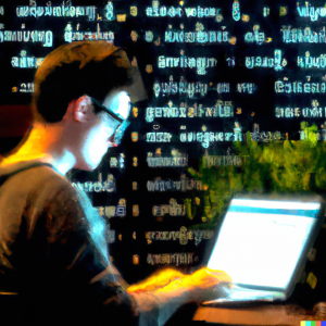 An ukiyo oil painting of a young software developer coding at a cafe tight shot wearing bright computer code against a dark background.