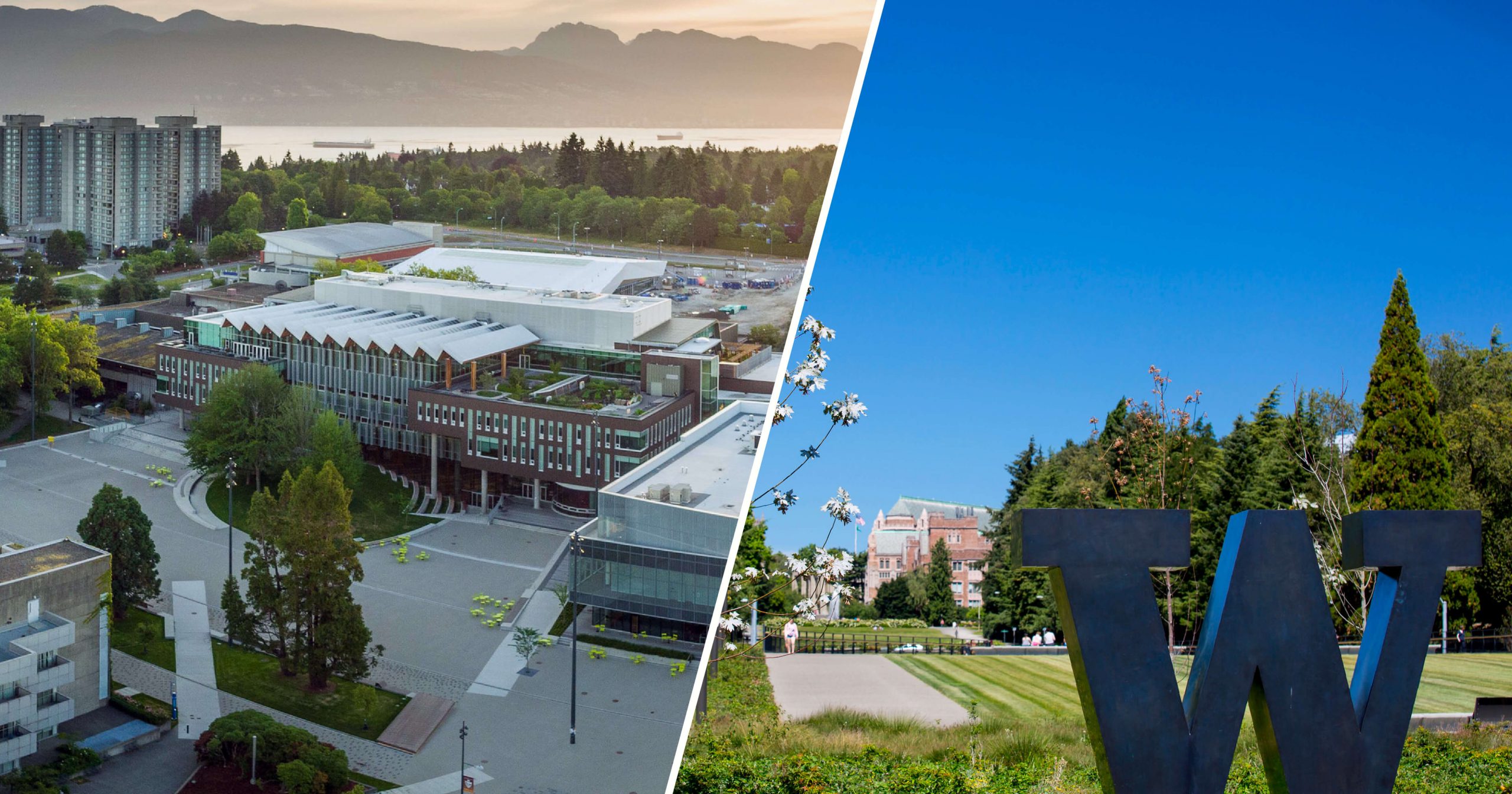 Side-by-side photo of the University of British Columbia and the University of Washington