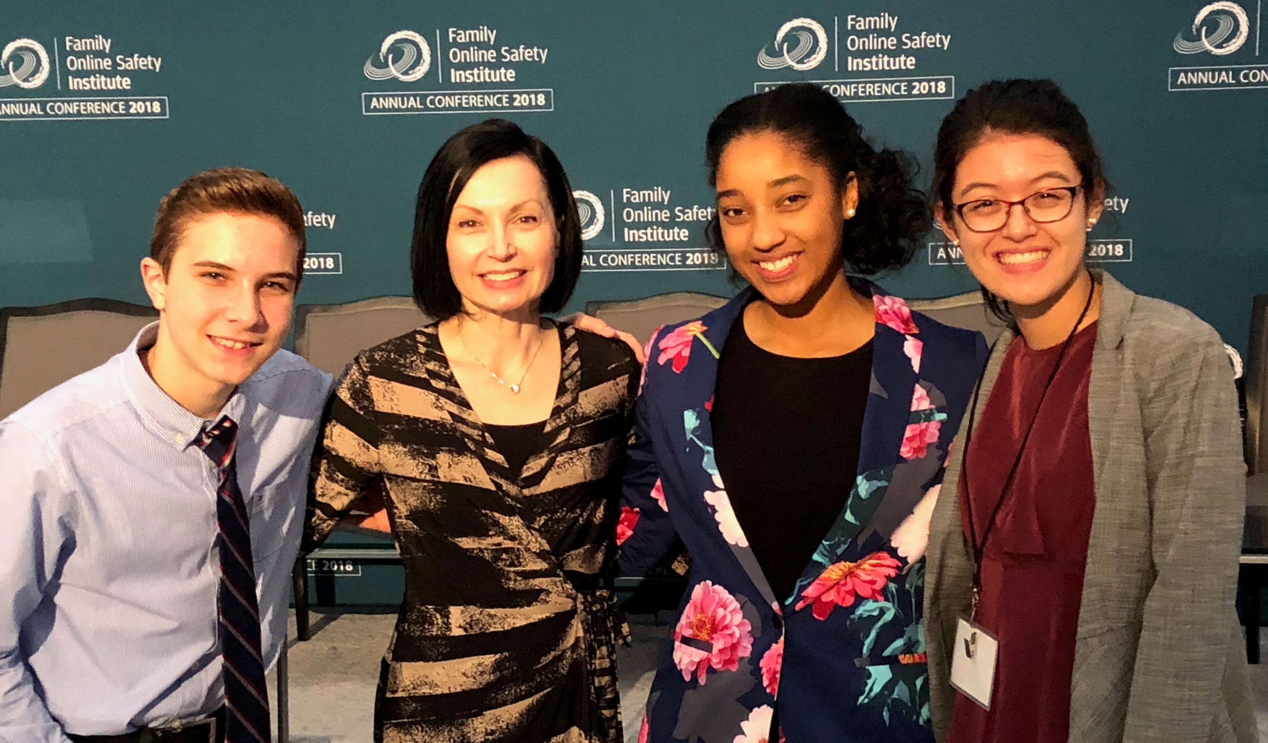 Jacqueline Beauchere, second from left, with, from left, Judah, Bronte and Christina, three members of Microsoft’s inaugural Council for Digital Good at the Family Online Safety Institute annual conference.
