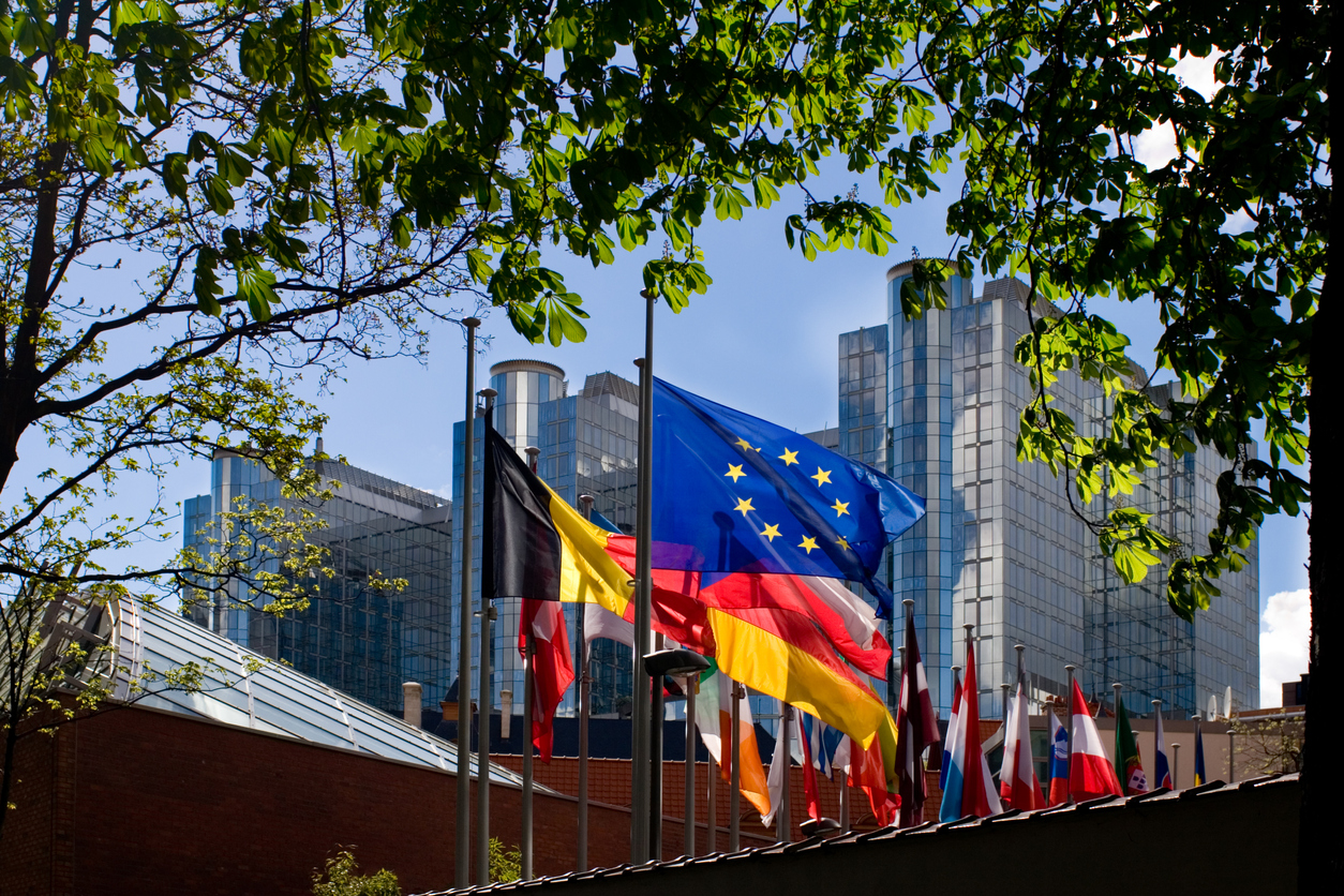 Flags outside the European Parliament Building in Brussels