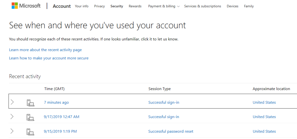 Screenshot of account security login information