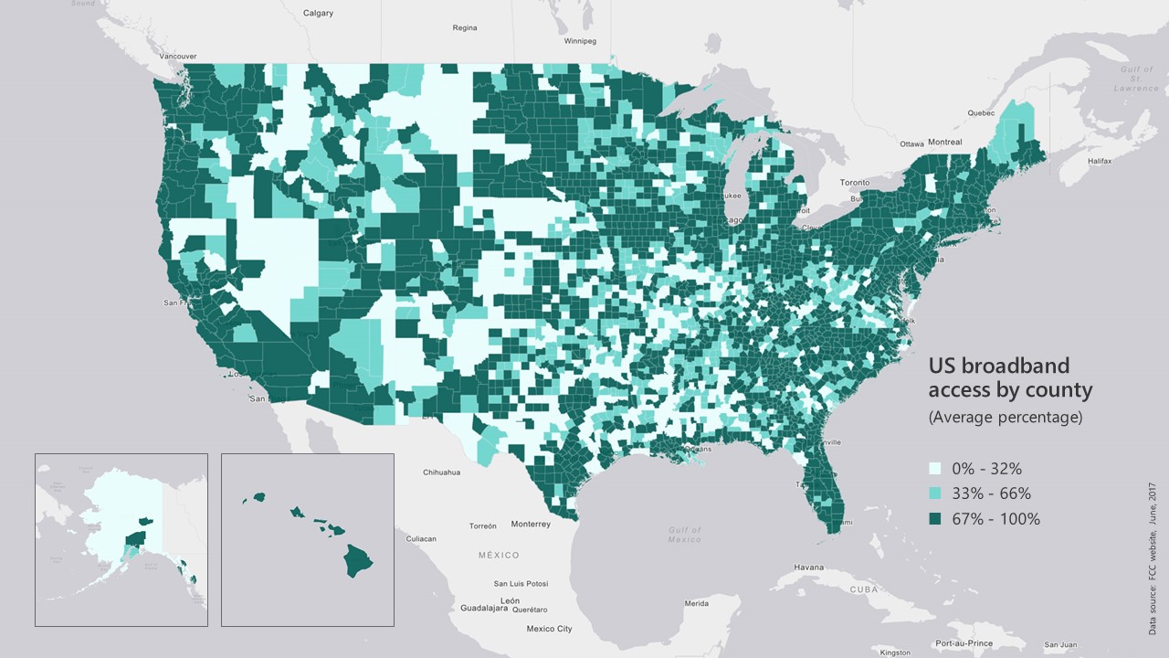 Map of United States shows broadband access by county, with areas of the west and smaller areas scattered around the south and east among the places where fewer people have access