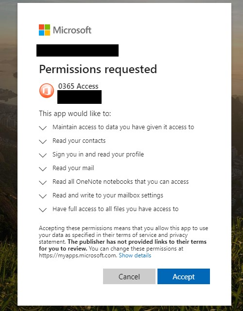 Consent screen of the Malicious Web App 