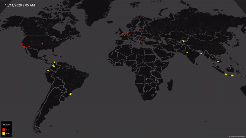 World map of Trickbot operational infrastructure (IoT devices and C2 servers) going on and offline