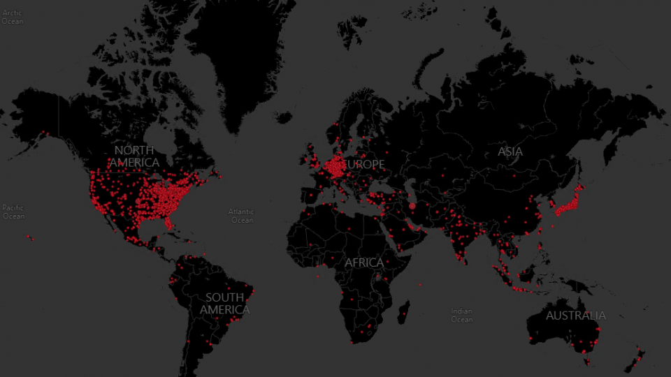 A world map showing malware infections