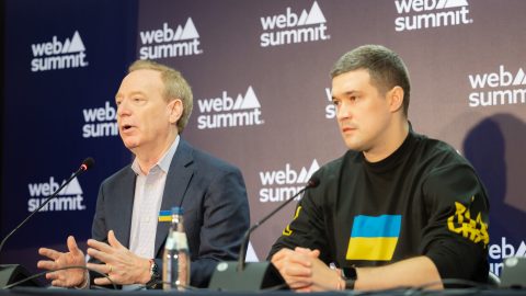 Image of Brad Smith, Vice Chair and President, Microsoft, and Mykhailo Fedorov, Ukraine’s Vice Prime Minister and Minister of Digital Transformation.