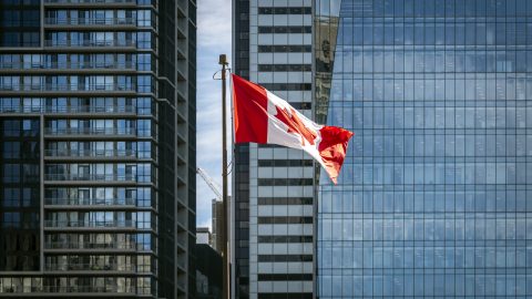 A Canadian flag in front of office high-rises