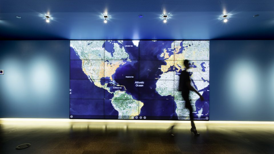 A world map inside Microsoft's Threat Intelligence Center