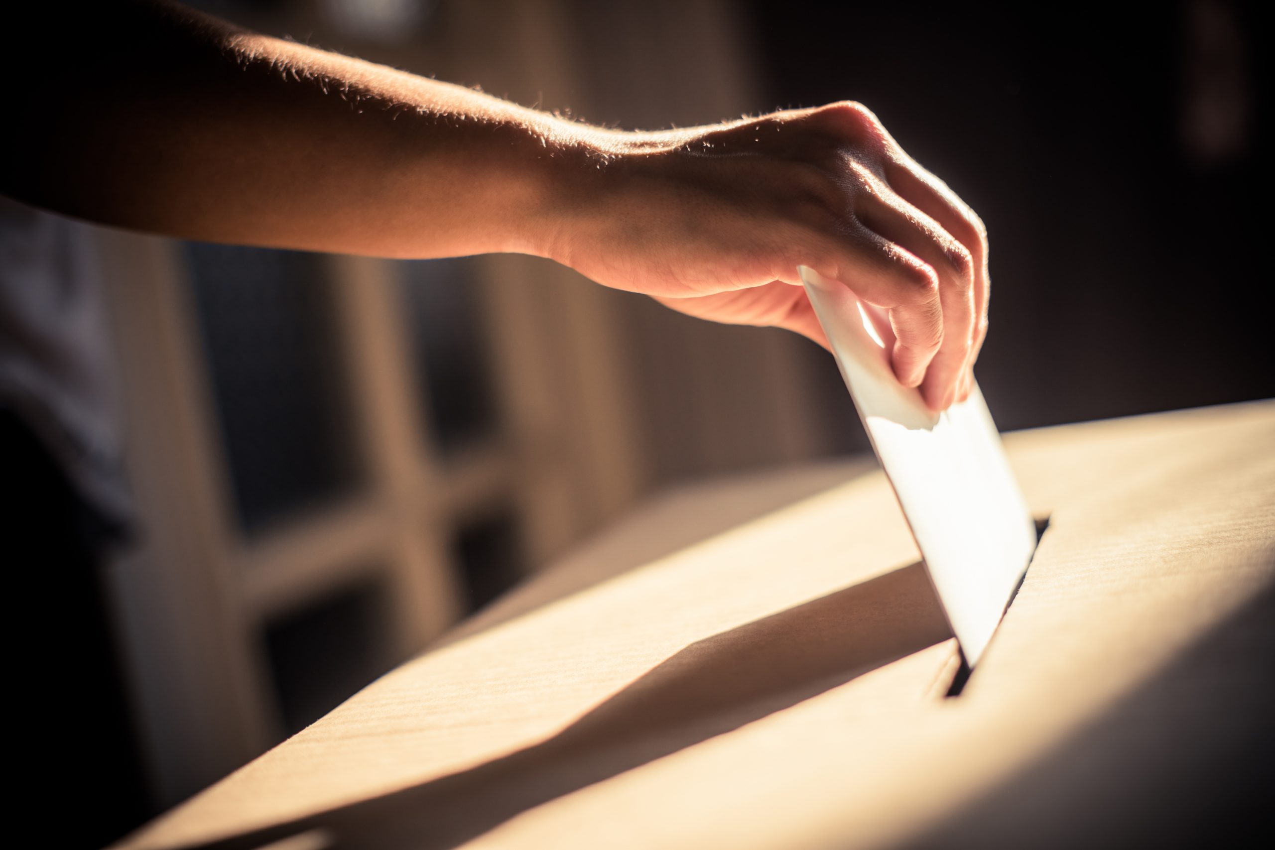 A hand places a voting form in a ballot box
