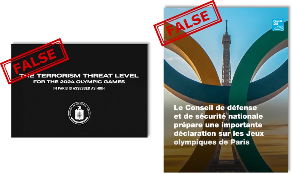 A faked video press release warning the public of possible terror attacks at the 2024 Paris Summer Olympics (left). A fabricated France 24 news clip claiming that nearly a quarter of Paris 2024 tickets have been returned due to concerns over terrorism (right). Both forgeries were produced by Russia-affiliated actor Storm-1679.