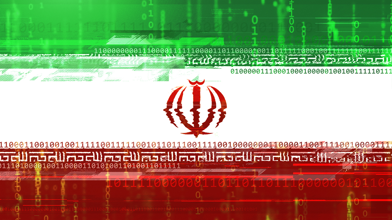 A digital representation of the flag of Iran with a pixelated effect on the top and bottom edges. The central white stripe contains the national emblem of Iran in red, and there are binary code numbers (0s and 1s) overlaid across the green, white, and red stripes of the flag. This image combines traditional national symbolism with modern digital elements