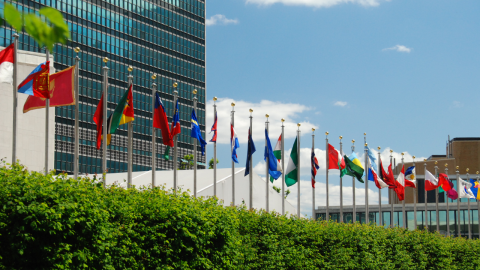 International flags in front of the UN building