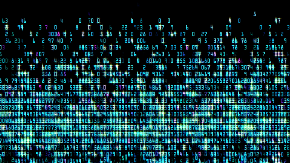 A digital image displaying a matrix of colorful numbers, primarily in blue, green, and purple, set against a black background, resembling data or code on a screen.