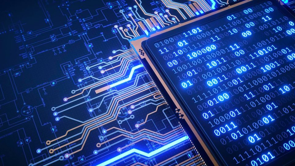 Binary code on a circuit board with glowing blue circuitry lines, symbolizing digital technology.