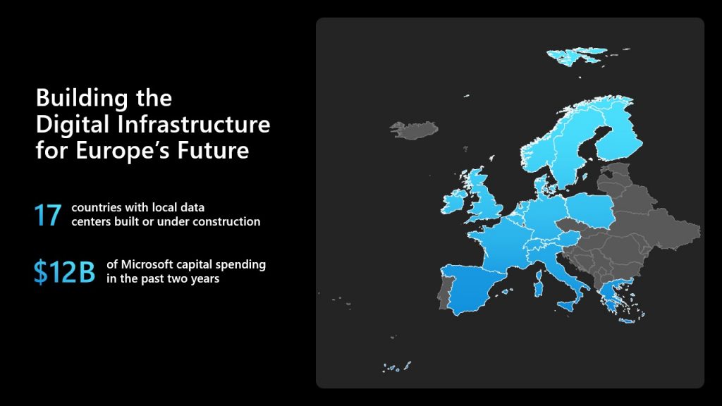 Building the Digital Infrastructure for Europe’s Future. 17 countries with local datacenters built or under construction. $12B of Microsoft capital spending in the past two years.