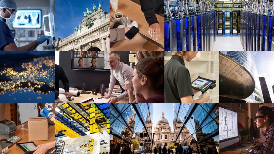 A collage of 12 images including: A man working in a medical facility, multiple people working in offices using tablets and desktop computers, a map of Europe, European landmarks and the interior of a datacenter.