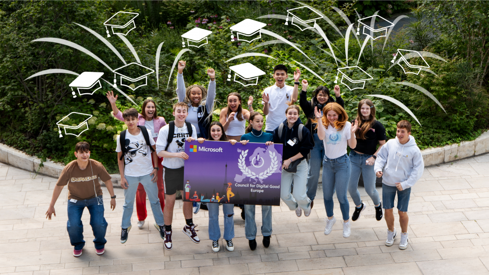 a group of young people hold a sign for Councile of Digital Good Europe