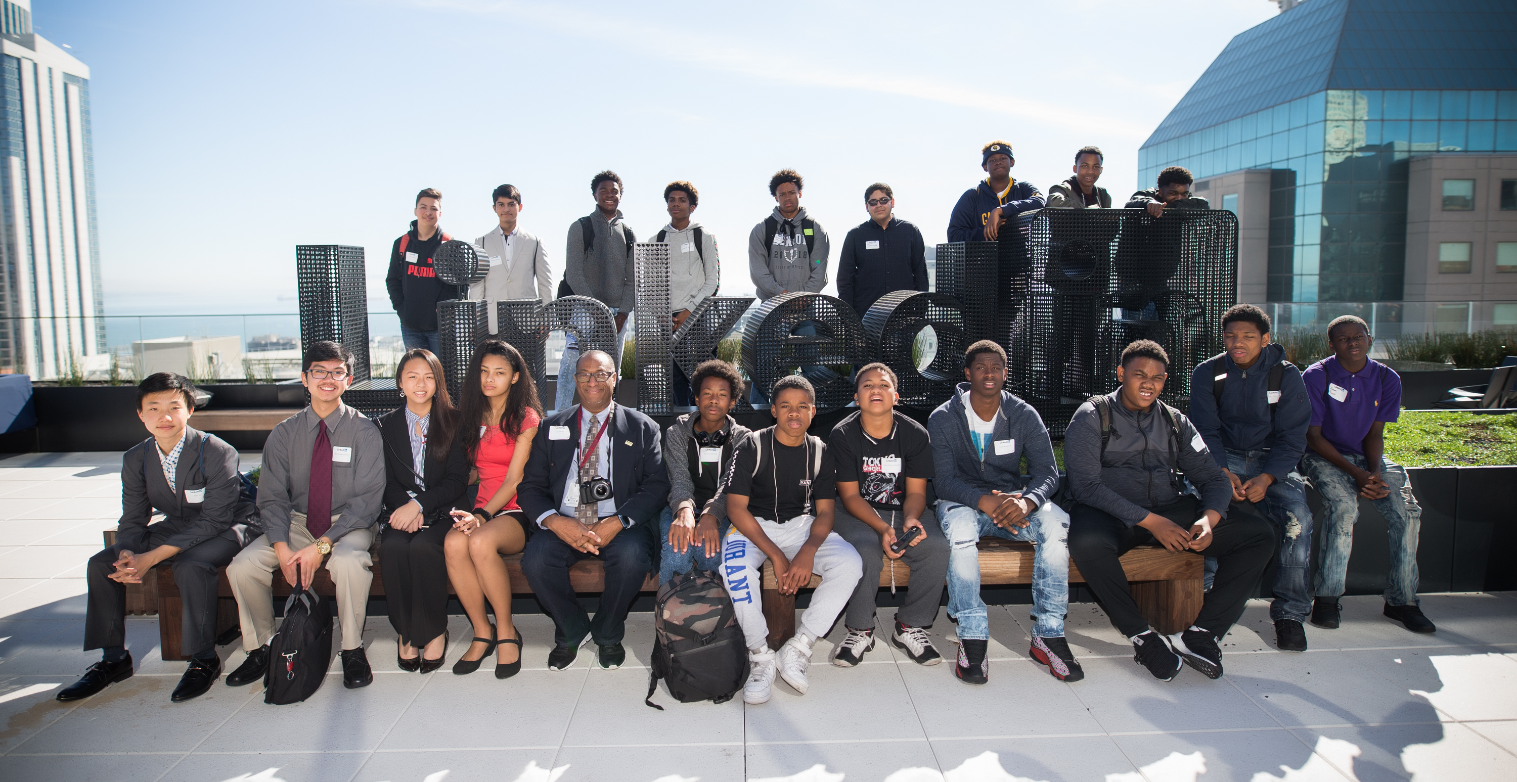 Some of the Minority Student Day attendees on the LinkedIn office in San Francisco rooftop along with their teachers.