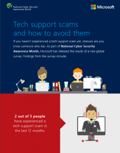 Illustration of two people working at computers under the words "Tech support scams and how to avoid them"