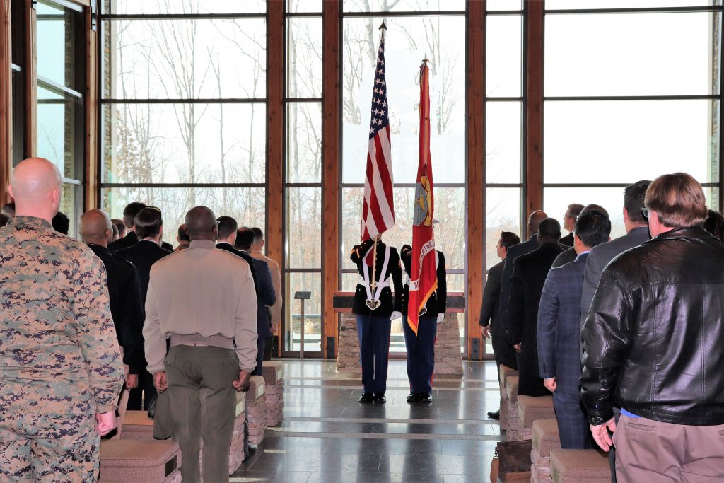 Marine Corps Base Quantico ceremonial platoon presents the colors
