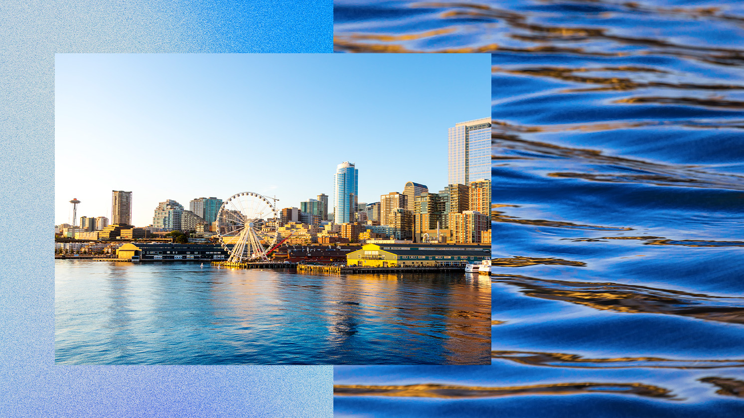 The image Seattle City with a waterfront. Prominent features include a Ferris wheel, several high-rise buildings, and the reflection of the skyline on the water. The background includes an overlay of rippling water.
