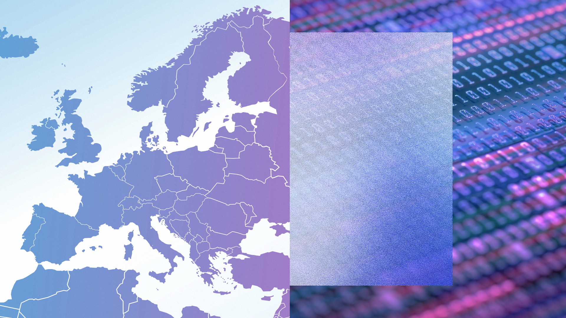 The image is divided into two halves. The left half shows a map of Europe with country borders outlined in white against a gradient blue and purple background. The right half features a close-up view of binary code (ones and zeros) displayed on a screen, with the numbers arranged in rows and columns, illuminated by blue and pink lighting.