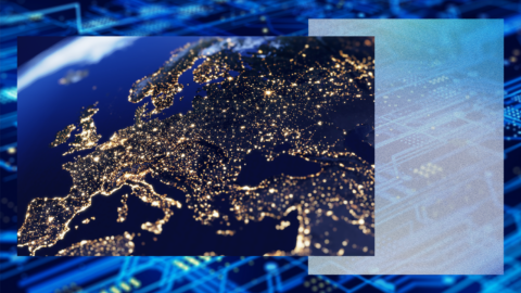 The image features a digital collage with two main elements. The first is a Satellite view of Europe at night with illuminated cities. The second element shows a blue-toned digital circuit pattern background.These elements are overlaid against a textured backdrop in shades of blue and gray, suggesting a high-tech or digital concept.