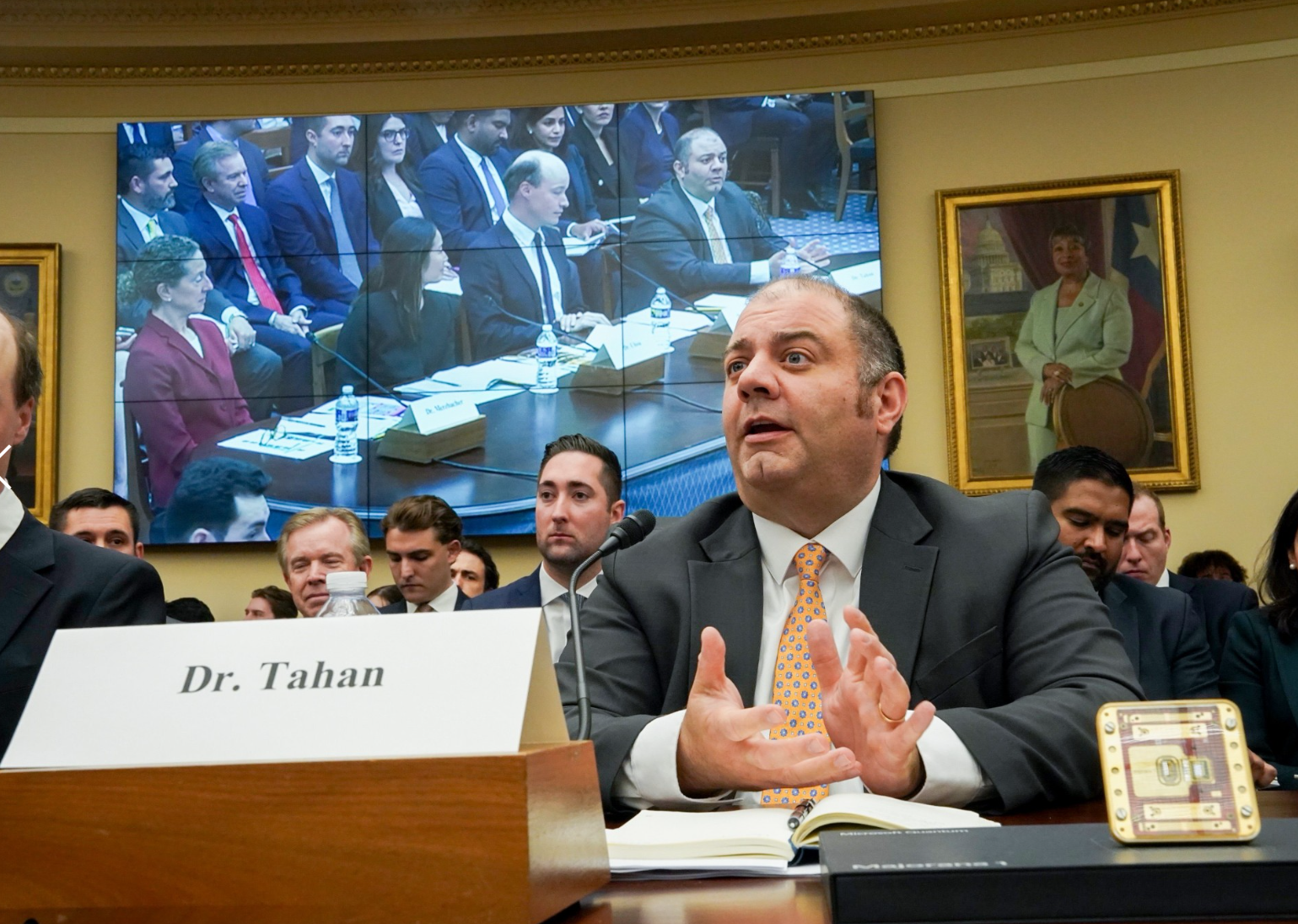 Congress meeting with Dr. Tahan speaking at a long table, joined by others in person and on a large screen in the background, in a room with framed portraits.