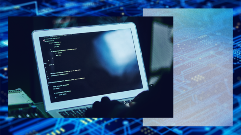 The image features a digital collage with two main elements. The first is a a laptop with code on the screen.The second element showsblue circuit board background. These elements are overlaid against a textured backdrop in shades of blue and gray, suggesting a high-tech or digital concept.