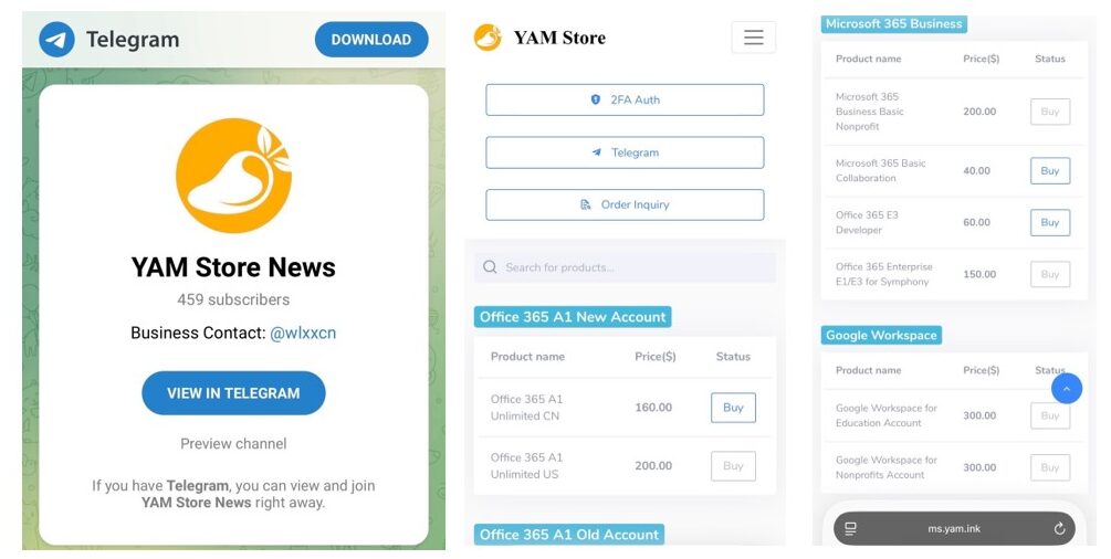 Three screenshots showing the YAM Store online marketplace. The left shows a Telegram preview for “YAM Store News” with 459 subscribers and a business contact. The center and right show YAM Store product listings offering Office 365, Microsoft 365 Bu