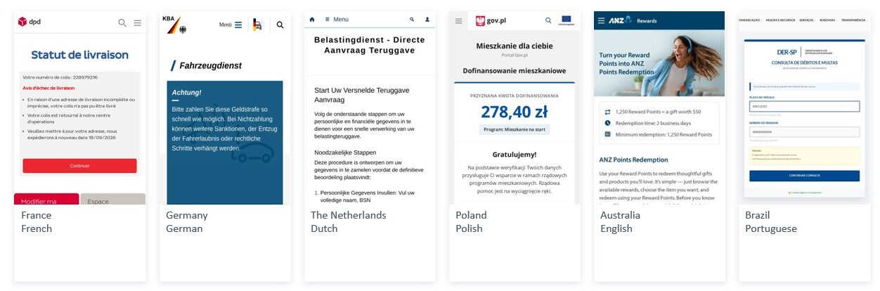 Six side-by-side screenshots of webpages in different languages and countries: a French DPD delivery status page, a German vehicle service payment notice, a Dutch tax refund application page, a Polish housing subsidy page, an Australian ANZ rewards p
