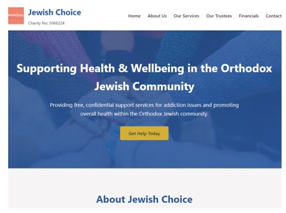 Screenshot of the Jewish Choice charity website. A blue banner reads “Supporting Health & Wellbeing in the Orthodox Jewish Community,” with text describing free, confidential support services for addiction issues and overall health, plus a “Get Help