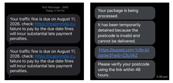 Two screenshots of suspicious text messages containing links. The left message claims a traffic fine is due and warns of late-payment penalties. The right message says a package has been detained because of an invalid postcode and asks the recipient
