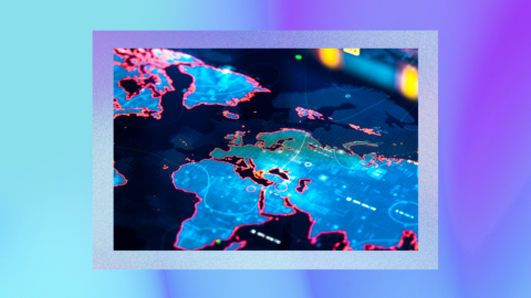 Digital map displaying Europe, parts of Africa, and the Middle East with highlighted regions in blue and red outlines, overlaid with various data points and symbols on a blue-purple gradient background.